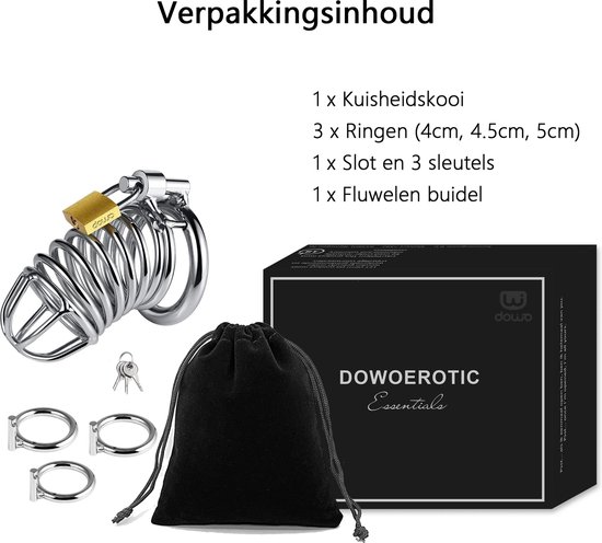 Inhoud van de verpakking: kuisheidskooi, 3 ringen, slot met sleutels, fluwelen zakje en DOWO® doos.
