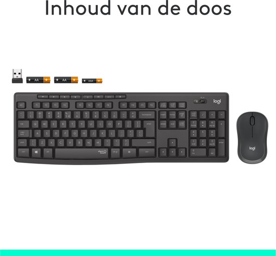 Inhoud van de doos: zwart Logitech draadloos toetsenbord, muis, USB-ontvanger en AA-batterijen.