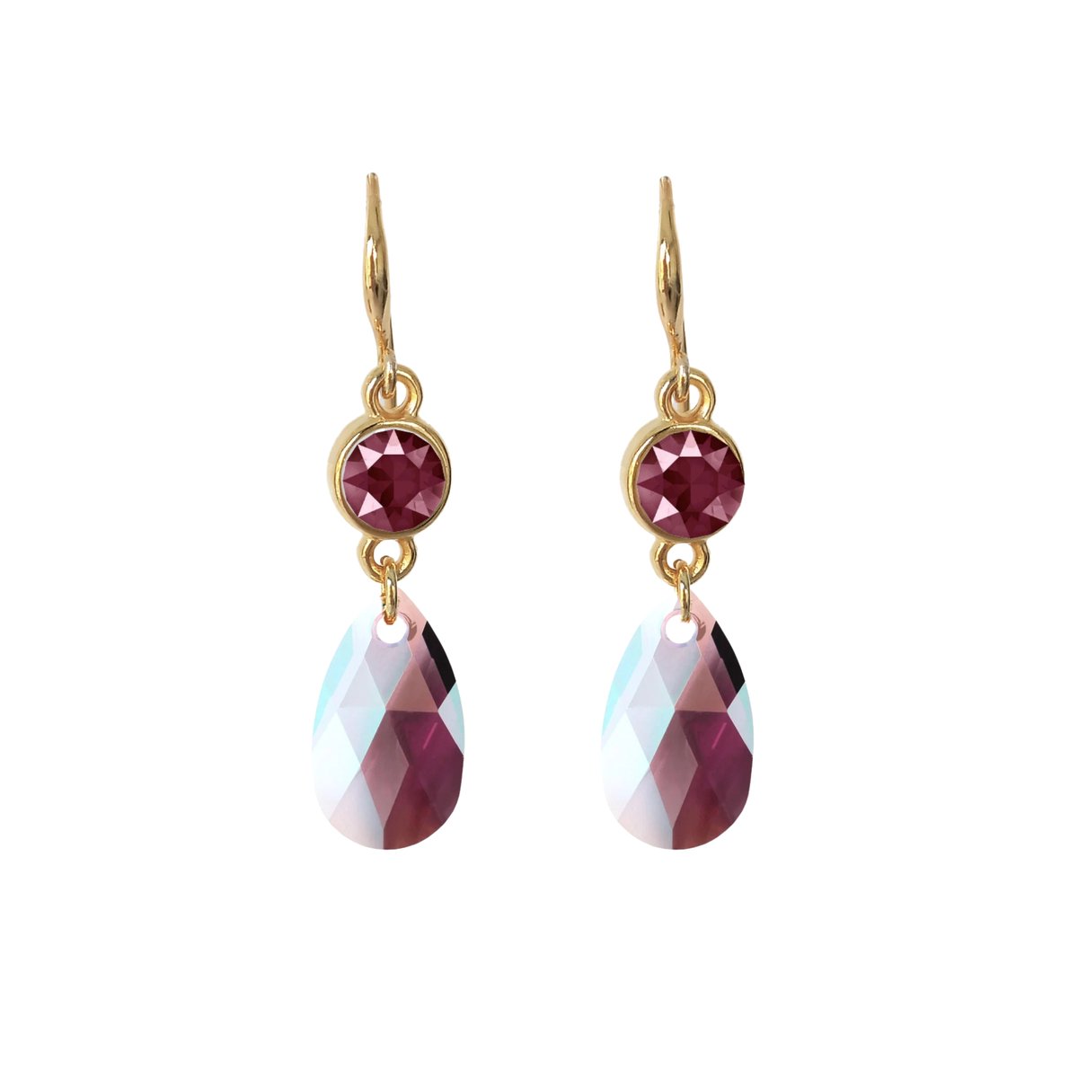 Party Dark Red Round - oorhangers - 18 karaats verguld