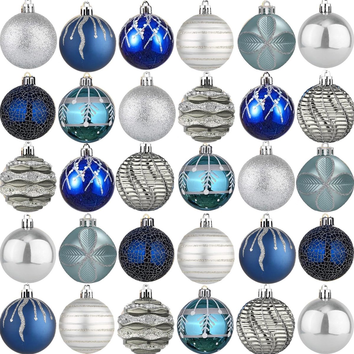 Kerstballen set van 30 stuks, 6 cm, onbreekbaar plastic met ophanghaakjes.