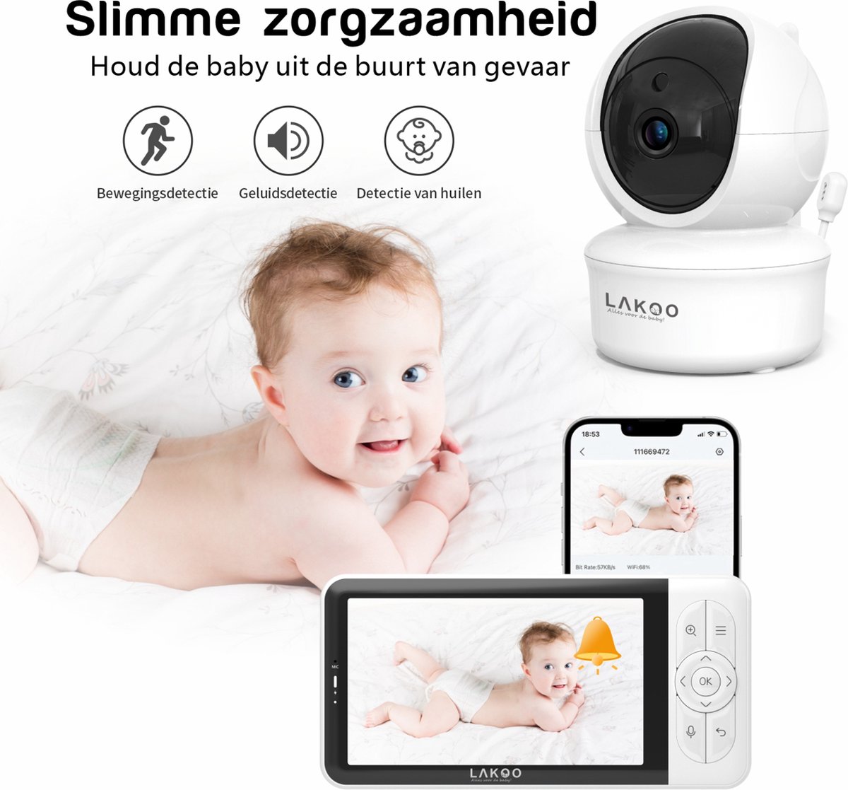 Afbeelding 3 van Lakoo Pro Babyfoon - met Camera én App - Premium HD Wifi Baby Monitor - 5 inch