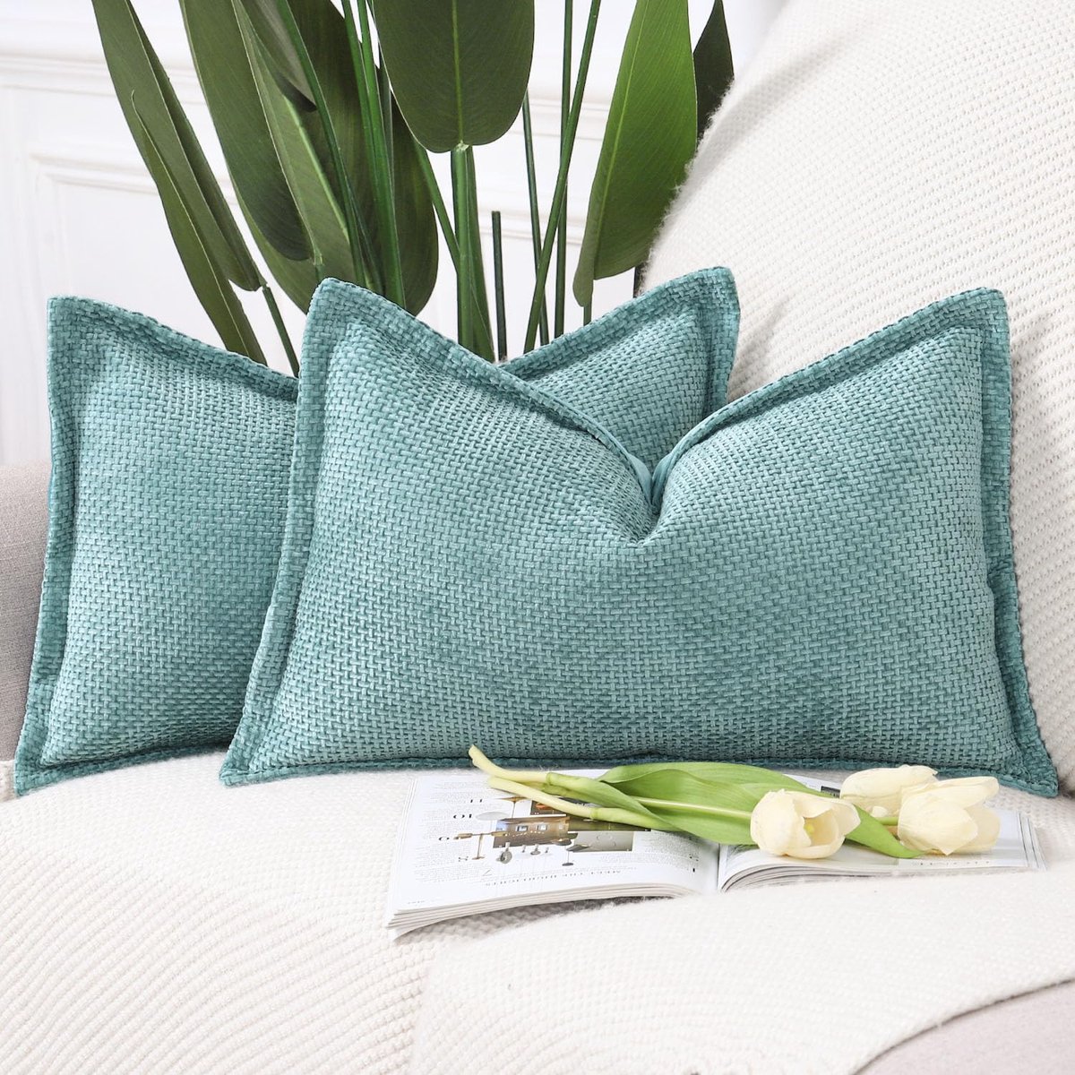 Goodivery ® Set van 2 Luxe Zachte Kussenhoezen met Stijlvolle Rand in Turquoise voor Woon- en Slaapkamer