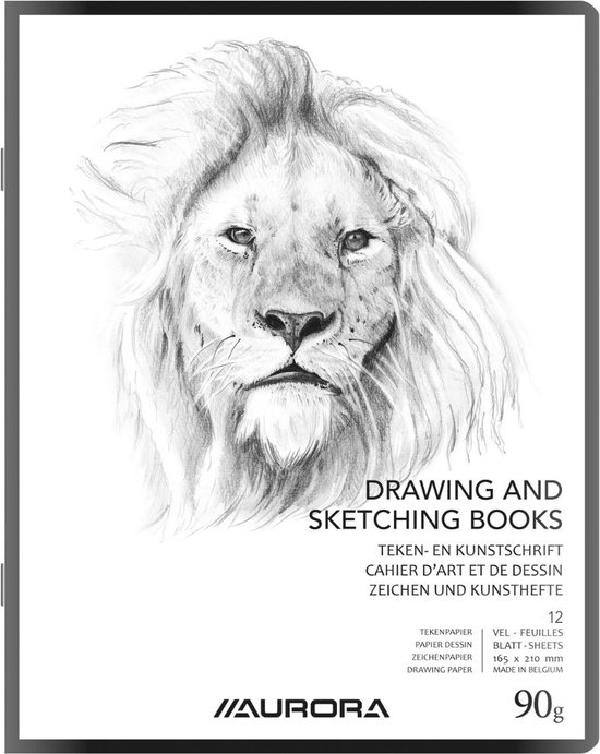 Carnet de croquis Aurora, 165x210mm, 90g, 24 feuilles. Portrait de lion sur la couverture.