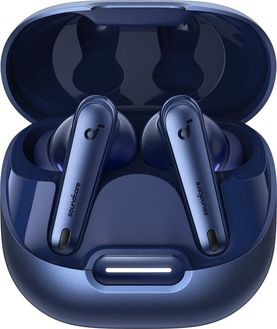 Donkerblauwe oordopjes in een open blauwe oplaadcase.