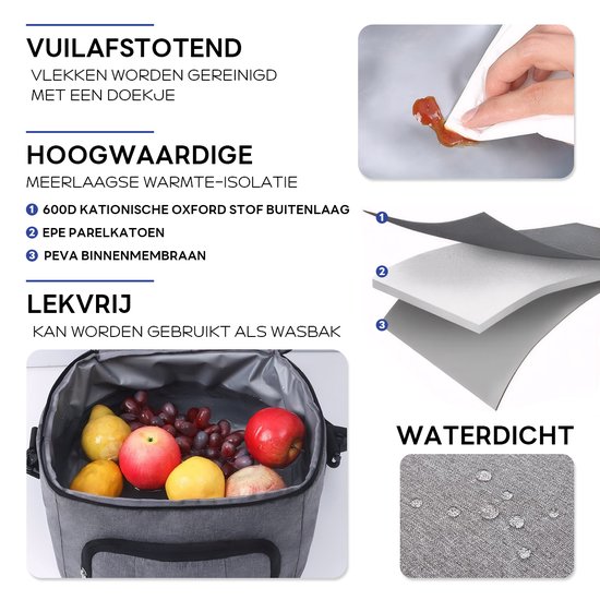 Geïsoleerde Grote Koeltas - Lunchtas Dubbellaagse Opslag - 12 L Picknicktas - Slijtvast 600D Oxford Materiaal - Warmte / Koude Retentie 12 uur - Lekvrij / Waterdicht / Stofdicht - Drank, moedermelk, lunch, fruit Bewaren - Grijs — afbeelding 3