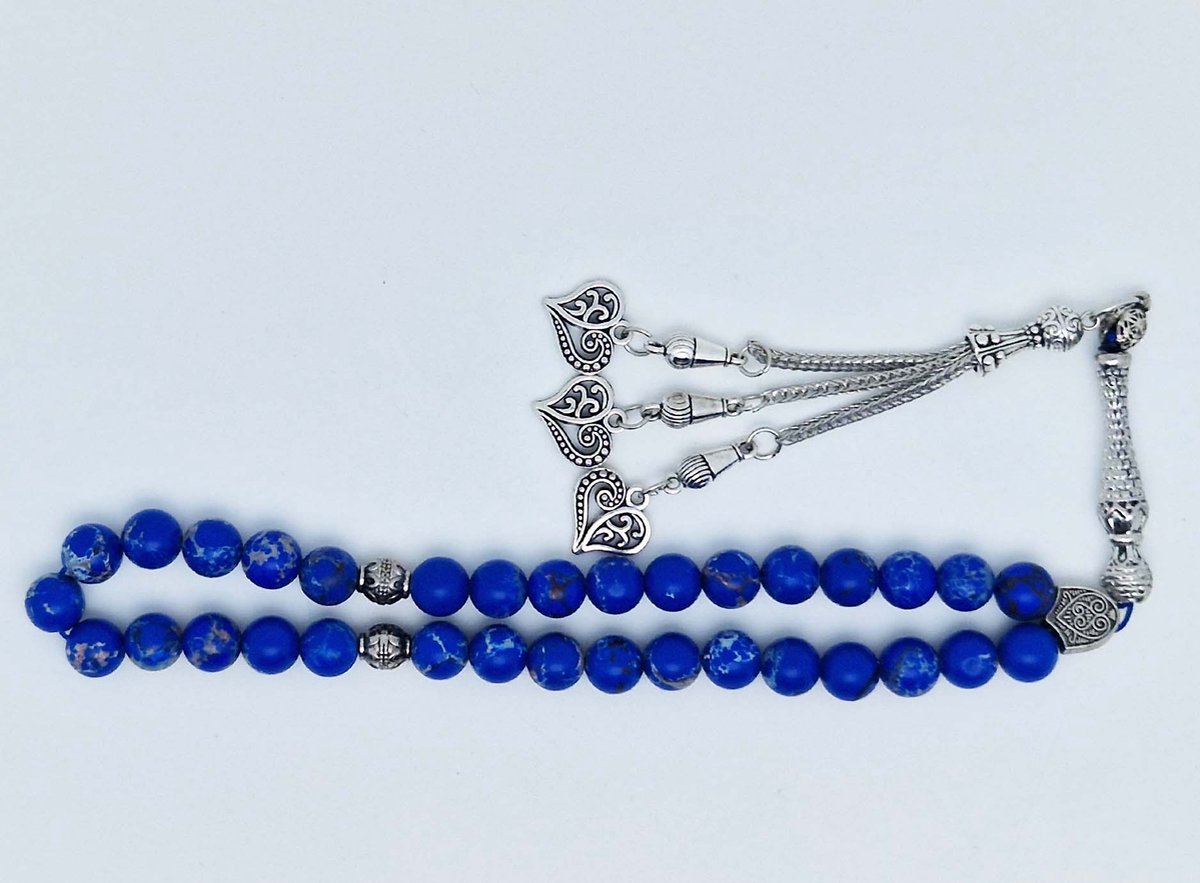 Handgemaakte tesbih klassiek - "Tasbih" natuursteen "Lapis Lazuli" - Aantal kralen 33 - Diameter kralen 8 MM - met metaal tassel "Harten" - Een mooi cadeau-idee