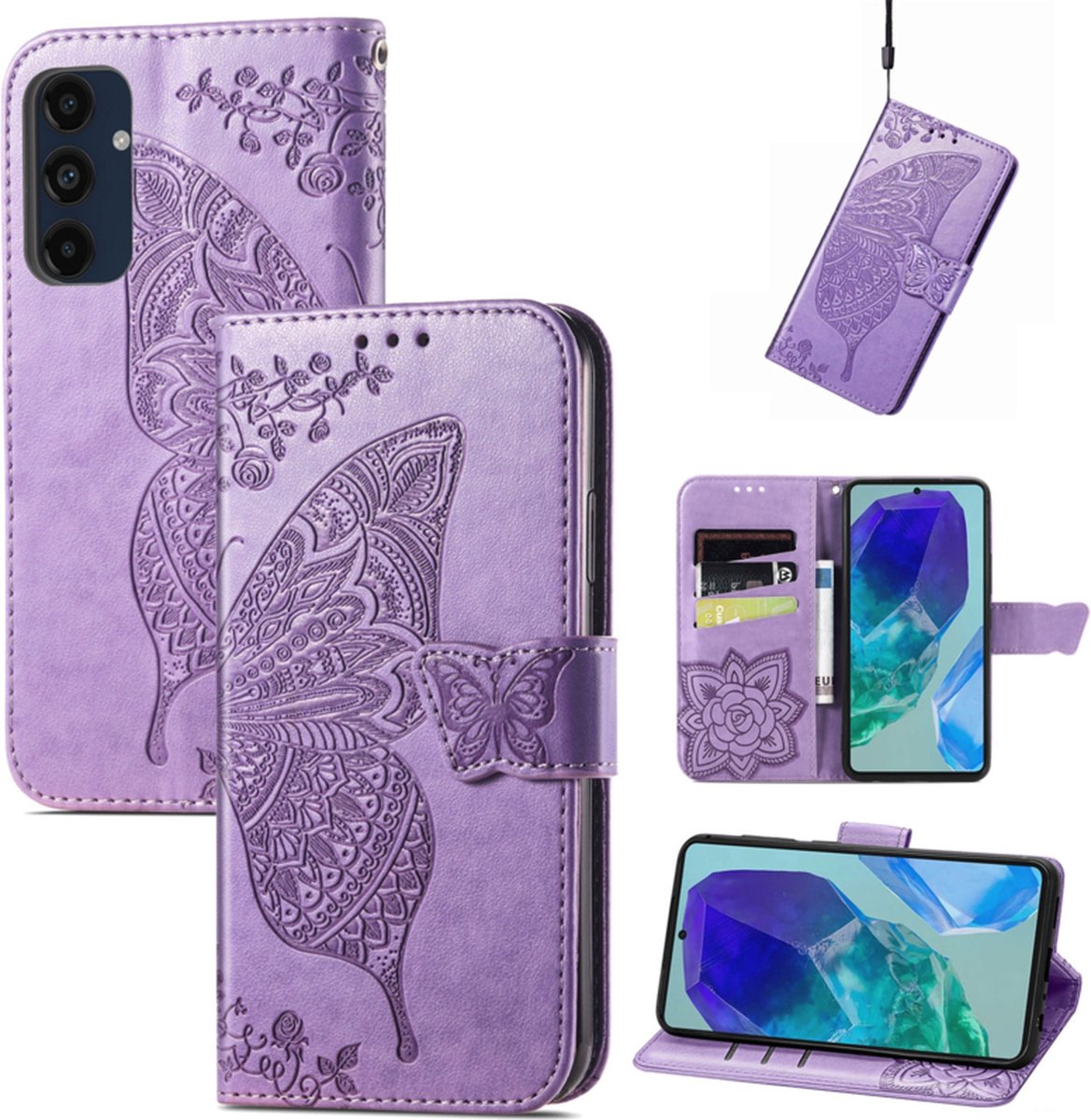 PU BookCover Hoes Etui geschikt voor Samsung Galaxy A16 - A17 - A26 Vlinders Paars
