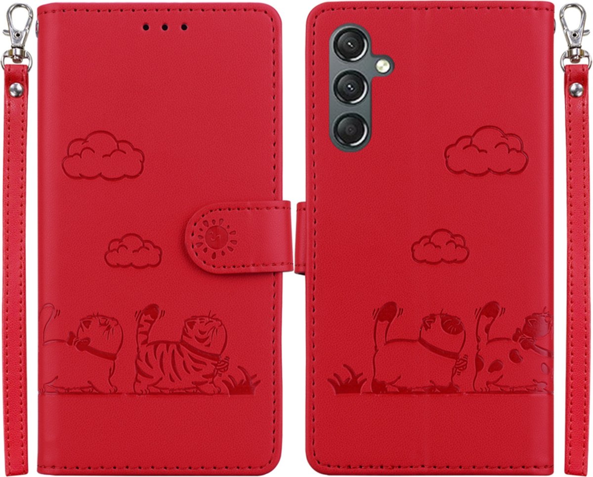 BookCover Hoes Etui geschikt voor Samsung Galaxy A16 - A17 - A26 - Rood - Cartoon Cats - Reliëf