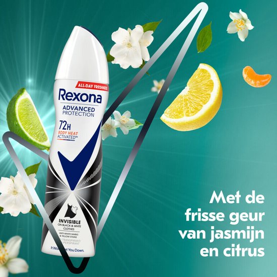 Witte Rexona deodorant bus met jasmijnbloesems, citroen, sinaasappel en limoen.