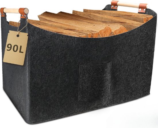 Stockage du bois de cheminée XXL - Panier en bois pour bois de chauffage 90 litres - Feutre épais - Grand sac en feutre Groot - Manche en bois - Panier de rangement pour courses et journaux - Gris foncé