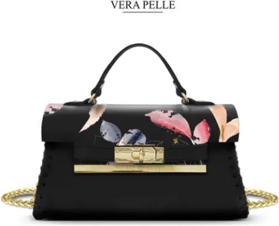 Mini sac bandoulière en cuir recyclé Eco - poignée et bandoulière chaîne - motif feuille de pinceau chéri