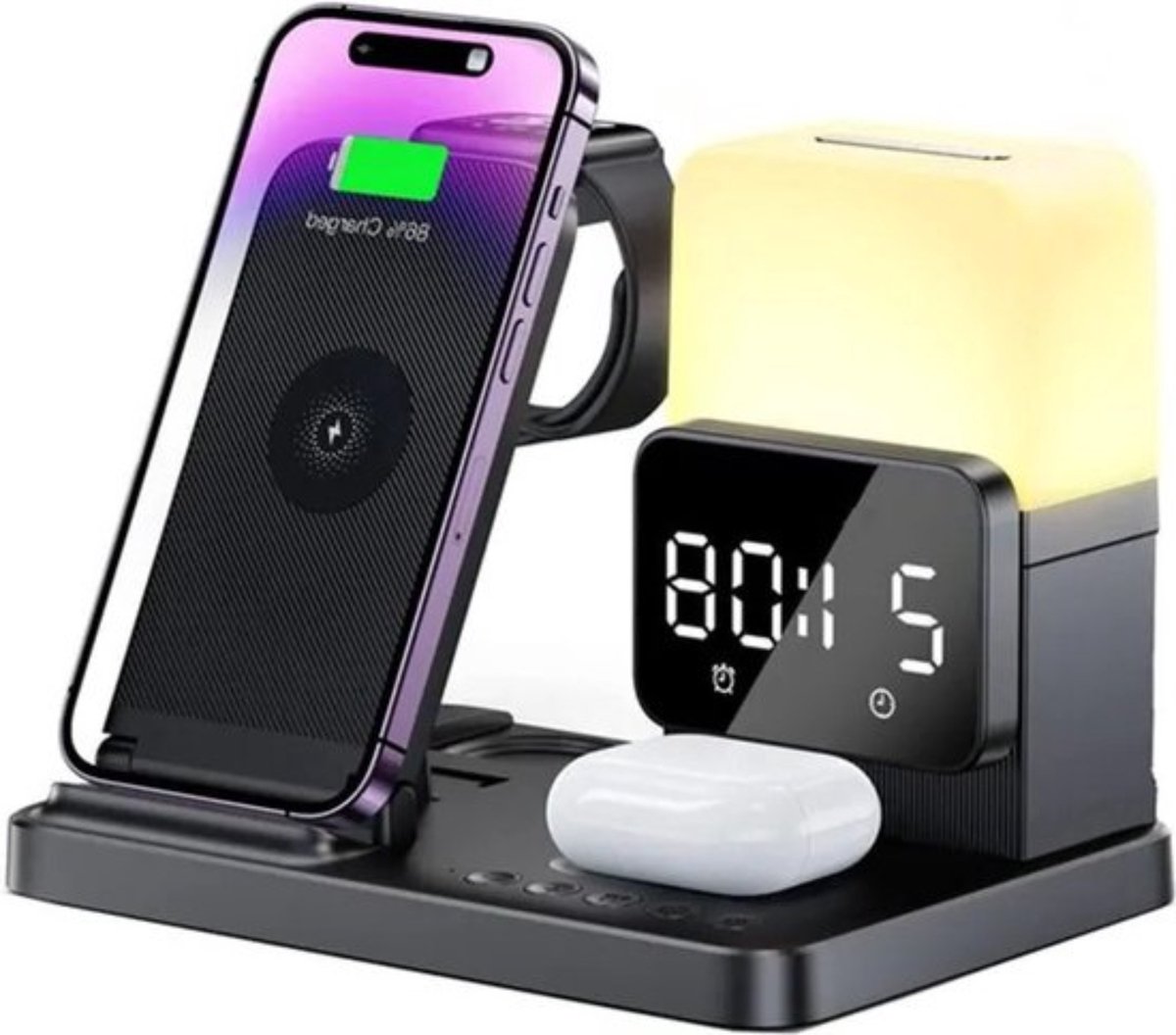 6-in-1 Oplader Stand - Met Wekker & Lamp Voor Apple Devices