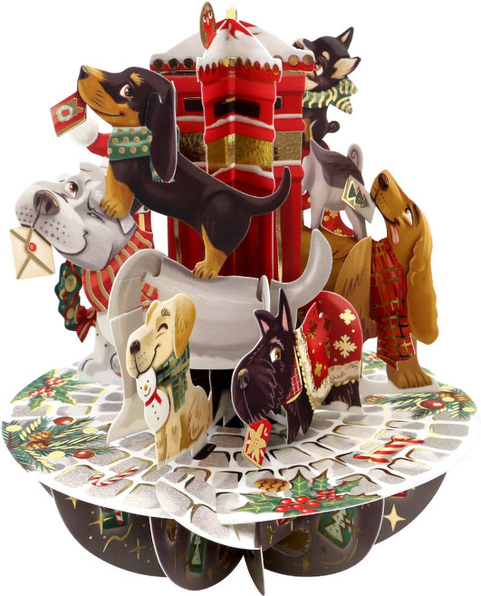 3D Swing Pop-up Kerst Wenskaart met envelop Honden xps093