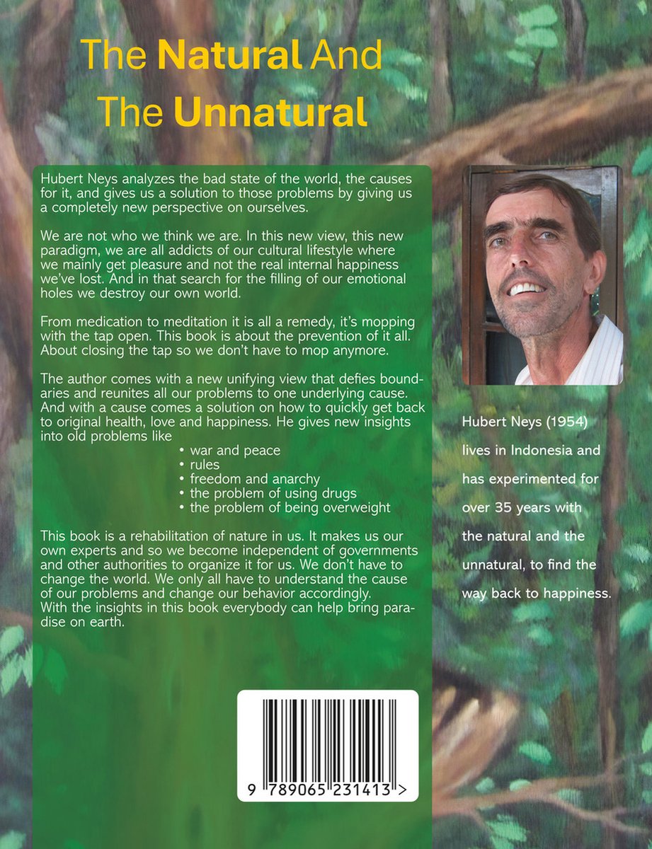Boek "The Natural And The Unnatural" met een portret van Hubert Neys, een man van 79 met grijs haar en een baard.
