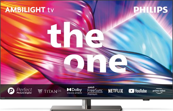 Philips Ambilight tv 'the one' met een abstract, kleurrijk design op het scherm en streaminglogo's onderaan.