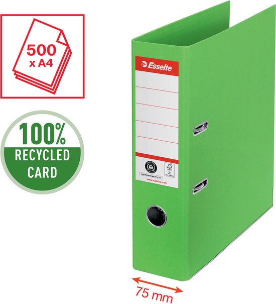 Esselte ordner, A4, groen, 75mm breed, met icoontjes voor 500 vellen A4 en 100% gerecycled karton.