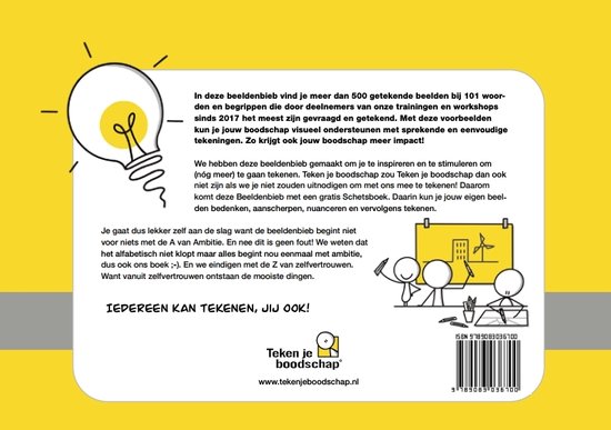 Boek "Teken je boodschap" met illustraties van een gloeilamp, stickfiguren en windmolens.