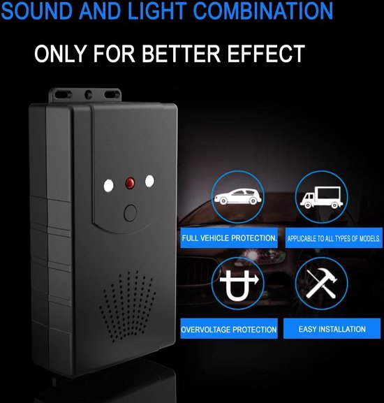 Zwarte marterverjager met tekst 'SOUND AND LIGHT COMBINATION ONLY FOR BETTER EFFECT'. Iconen tonen auto, vrachtwagen, overspanningsbeveiliging en eenvoudige installatie.