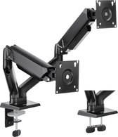 Zwarte dubbele monitorarm met twee schermen, bevestigd aan een bureau. De armen zijn lichtjes uitgeschoven.