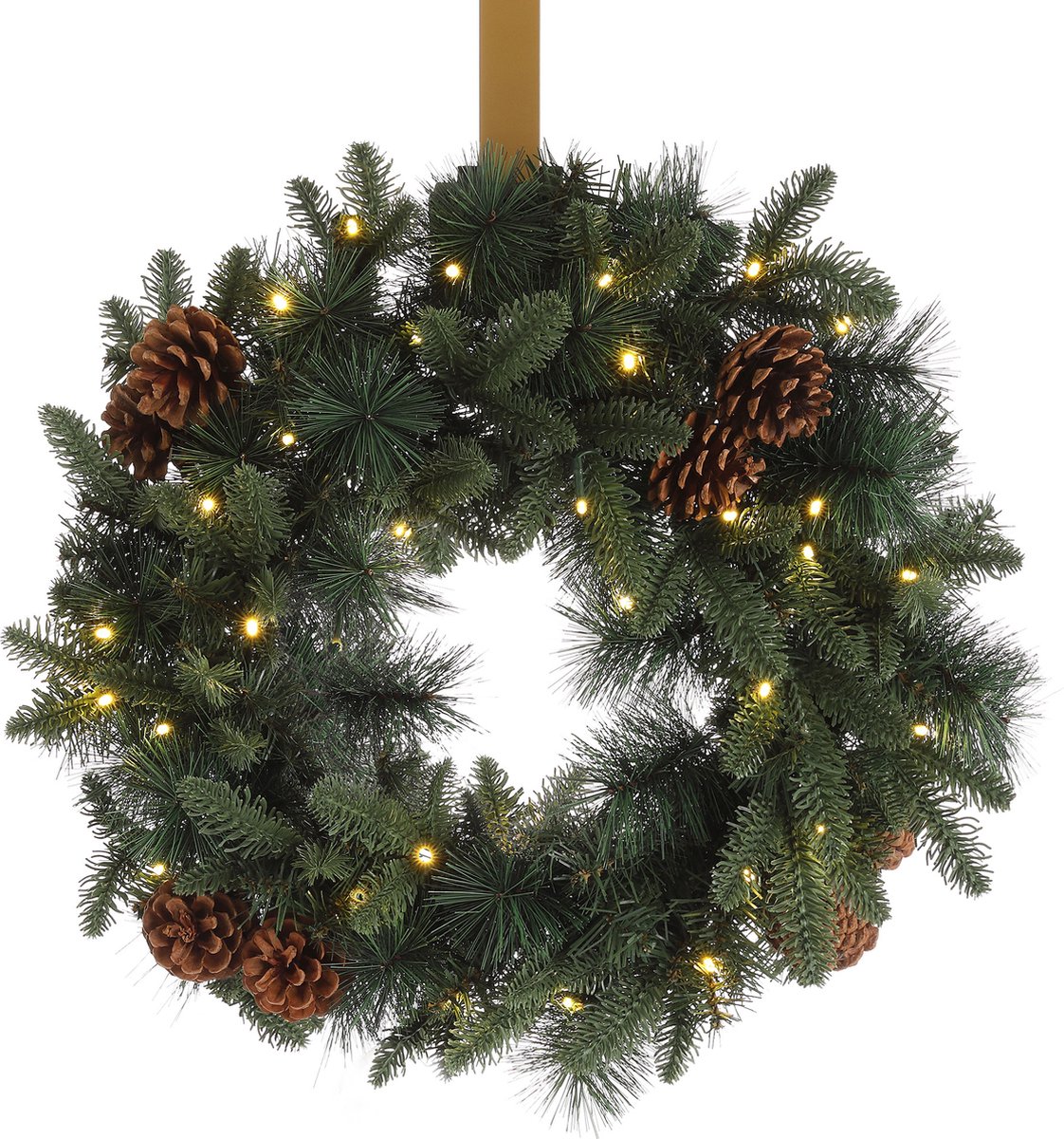Meisterhome Kerstkrans van 50 cm - Inclusief Ophangbeugel en 35 Warmwitte LED's - Timer - Dennenappels - Kerstkrans met verlichting – foto 6