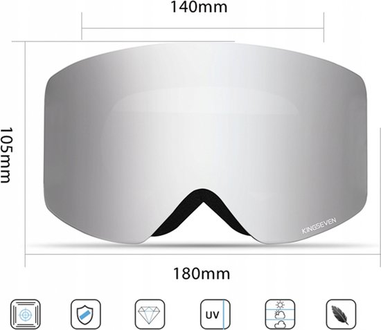 Grijze spiegelende skibril met afmetingen 180mm (breedte) x 105mm (hoogte) en symbolen voor bescherming.