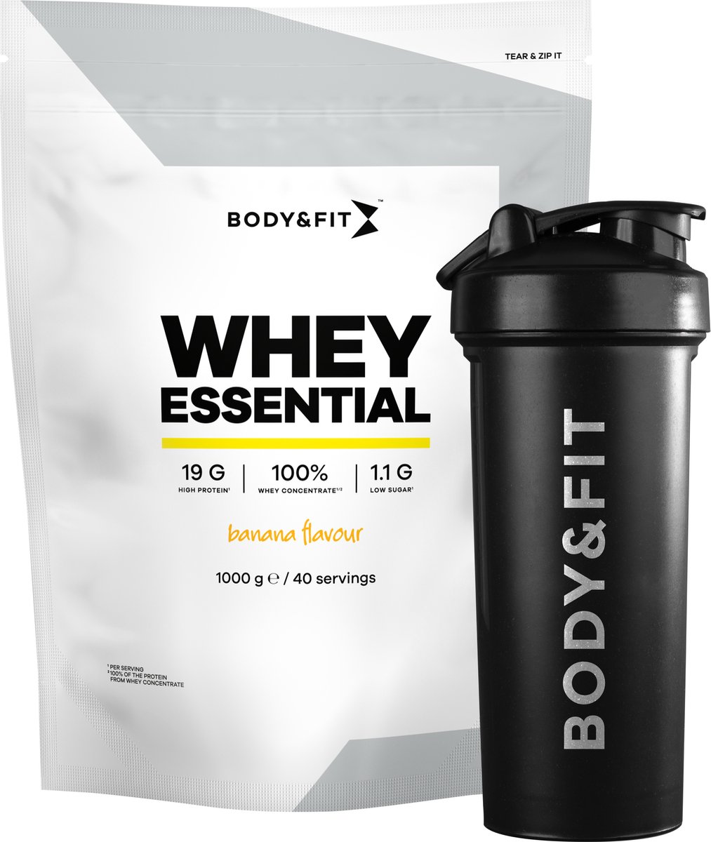 Goedkoopste Body & Fit Whey Essential Banaan 1000 gram - Whey Protein - Proteine poeder Essential Shaker 700 ml