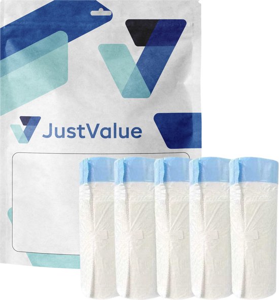 Verpakking van JustValue met vijf rollen witte kattenbakzakken met blauwe randen.