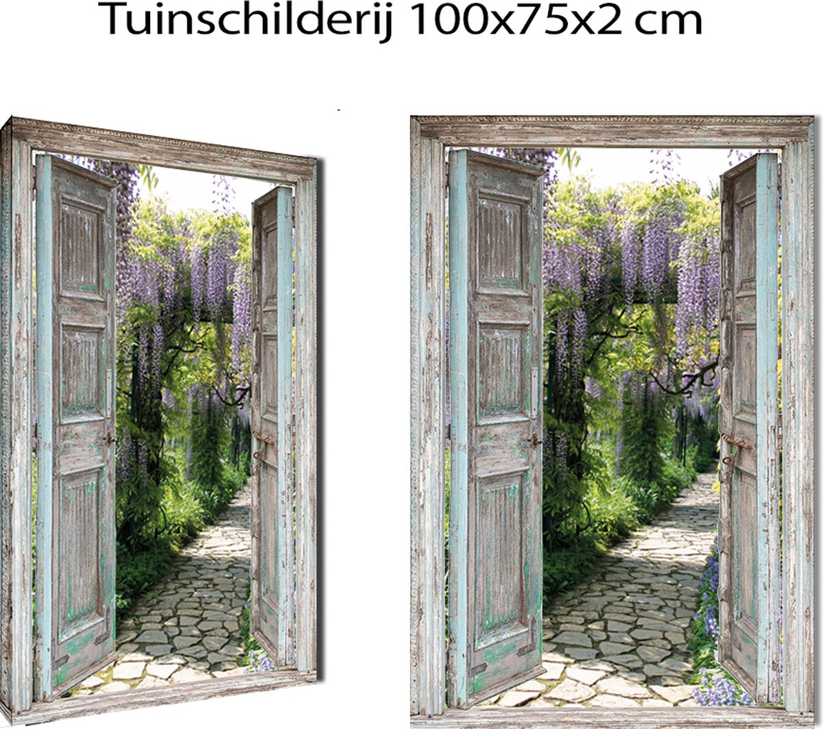 Buitencanvas op houten frame gespannen - 75x100x2 cm - openslaande houten deuren naar Laan met Blauwe regen - tuinposter - tuin decoratie - tuinposters buiten - tuinschilderij