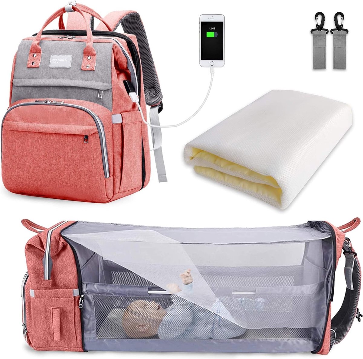Goedkoopste Luiertas Rugzak - Grote Capaciteit Luiertas - Draagbare Reisluiertas met Opvouwbaar Babybed - Babybed Rugzak - Roze en Grijs