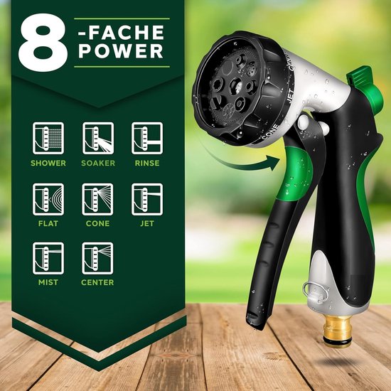 Pistolet d'arrosage noir et vert avec 8 modes : douche, soaker, rinçage, plat, cône, jet, brume, centre. Accents argentés.