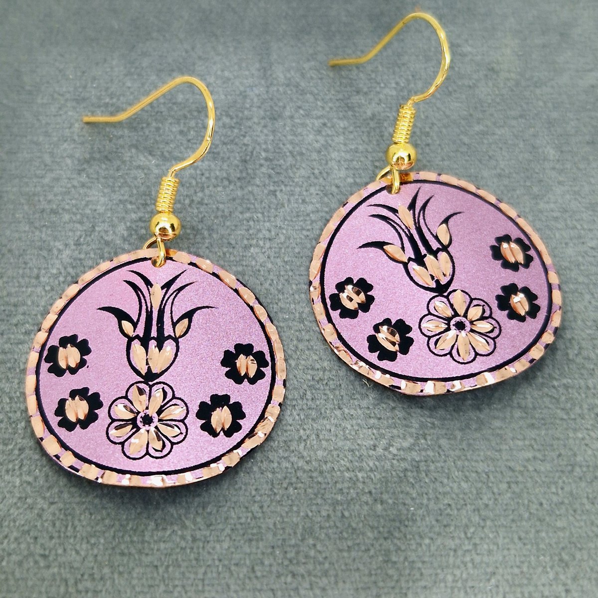 Viwado Unieke Oorbellen - Turkse Geometrische Boheemse Vintage Sieraden Cadeau Stijl Traditioneel Ontwerp - Koperen Handgemaakte Ronde Oorbellen met Paars Tulp patroon