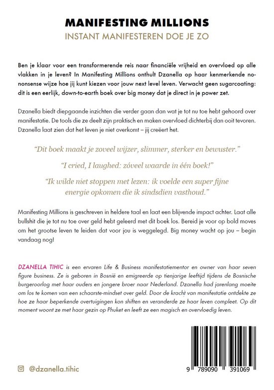 Boekomslag met de titel "Manifesting Millions" en een korte beschrijving.