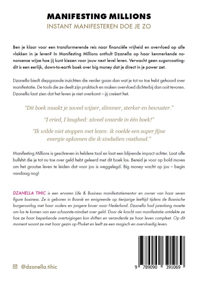 Boekomslag met de titel "Manifesting Millions" en een korte beschrijving.