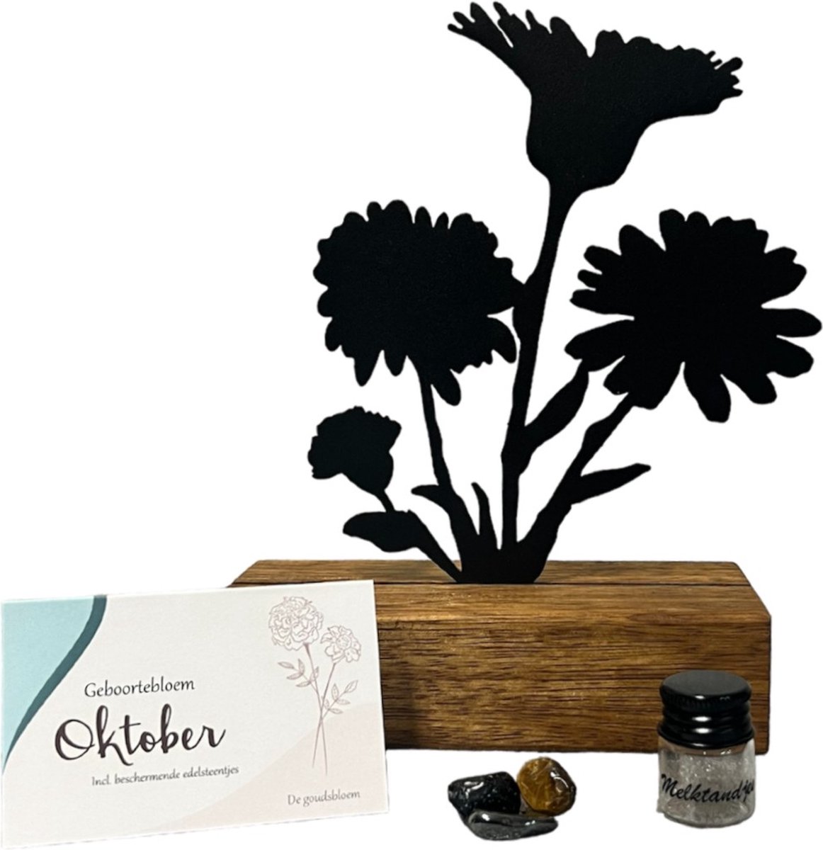 Goedkoopste Kraamcadeau - geboortebloem beeld- OKTOBER - goudsbloem - mét tandendoosje / potje / haarlokpotje en beschermende edelsteentjes - metaal in houten sokkel - baby cadeau - babyshower cadeau