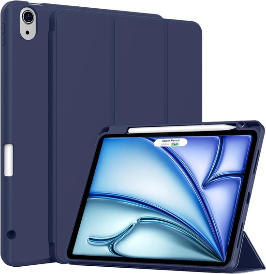 Étui pour tablette bleu foncé avec tablette à l'intérieur, en position de frappe.