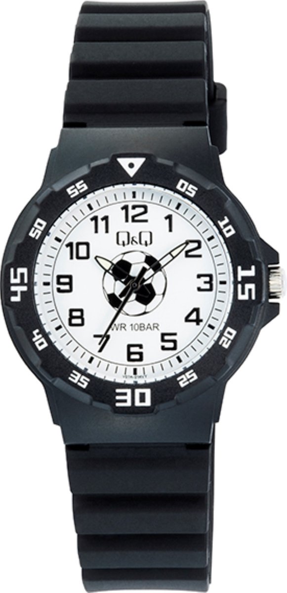 QQ V07A-014PY - Horloge - Polshorloge - Analoog - Kinderen - Unisex - Plastic band - Rond - Kunststof - Cijfers - Voetbal - Zwart - Wit