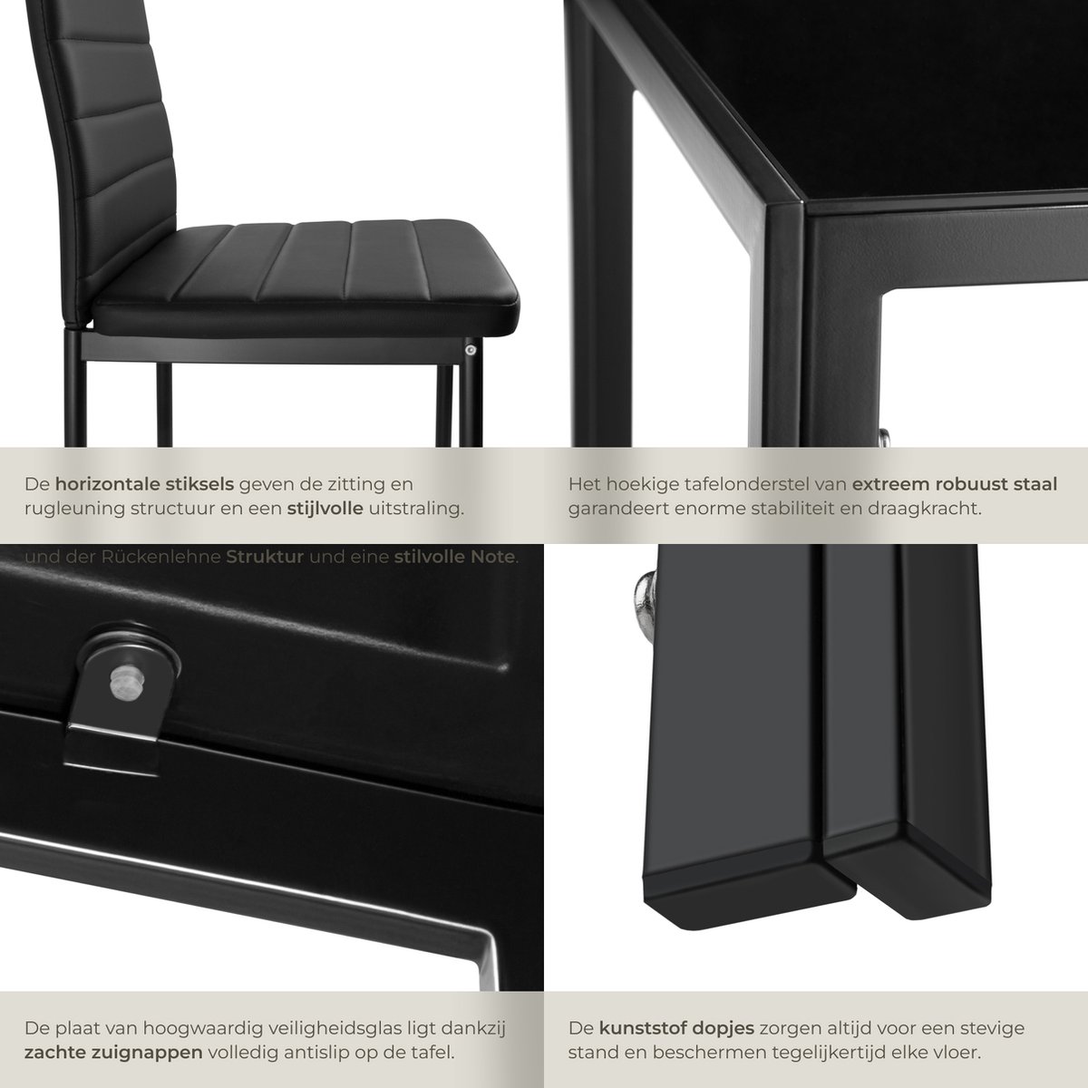 tectake® Eetkamerset met 4 Eetkamerstoelen - Eettafel met glazen blad - 120 x 70 x 75 cm - Eethoek set Tafel en Stoelen - Set van 4 Stoelen met kunstleer - Zwart – foto 7