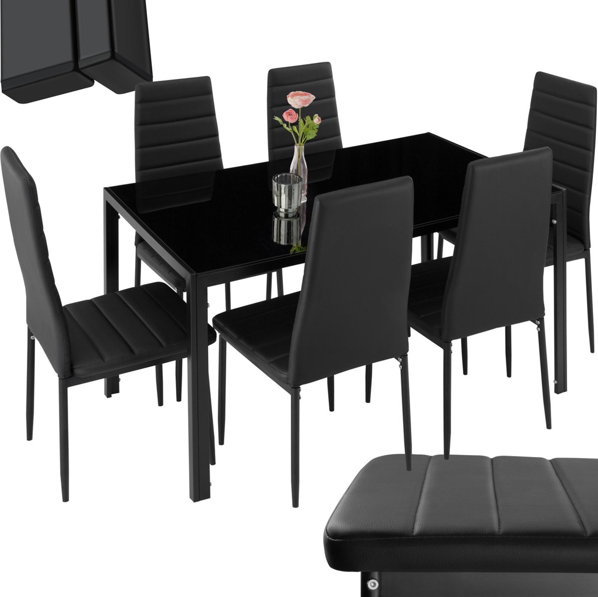 Tectake Eettafel Set met 6 Eetkamerstoelen - 130 x 70 x 75 cm - Eetkamergroep voor 6 Personen - Stoelen van Kunstleer - Robuust Tafelblad van Veiligheidsglas - Zwart