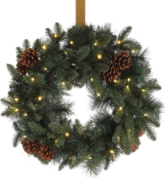 Meisterhome Kerstkrans van 60 cm - Inclusief Ophangbeugel en 50 Warmwitte LED's - Timer - Dennenappels - Kerstkrans met verlichting