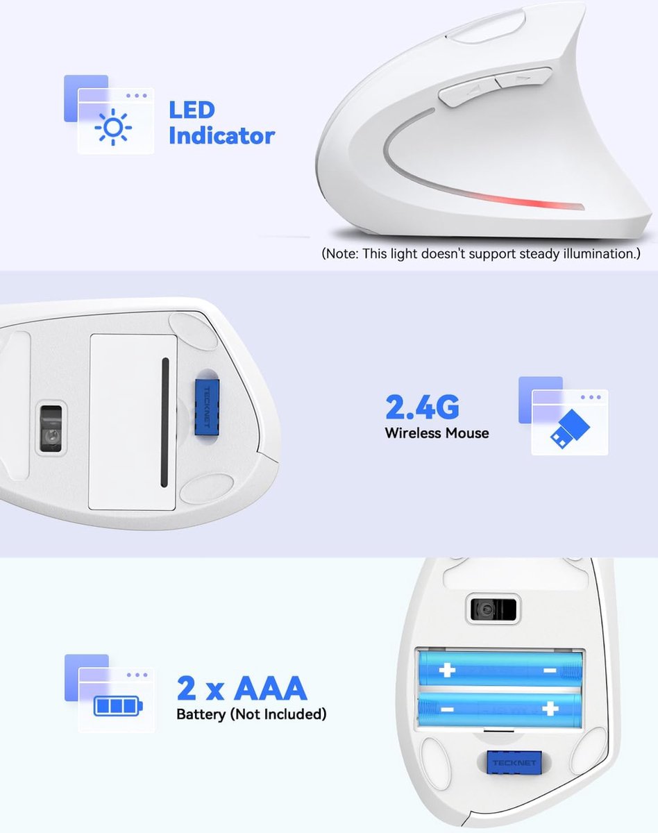 Delmark Verticale Muis - Ergonomisch ontworpen voor rechtshandigen - Draadloos - DPI Instelbaar - Wit thumbnail 2