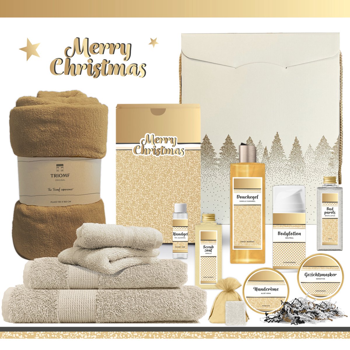 Geschenkset “Merry Christmas!” - 13 producten - 1905 gram | Luxe Kerst Cadeaubox voor haar - Wellness Pakket Vrouw - Giftset Fijne Feestdagen - Cadeaupakket Kerstcadeau - Geschenk Kerstpakket Werknemer Cadeau Bedrijf Relatiegeschenk - Gift Wit Goud