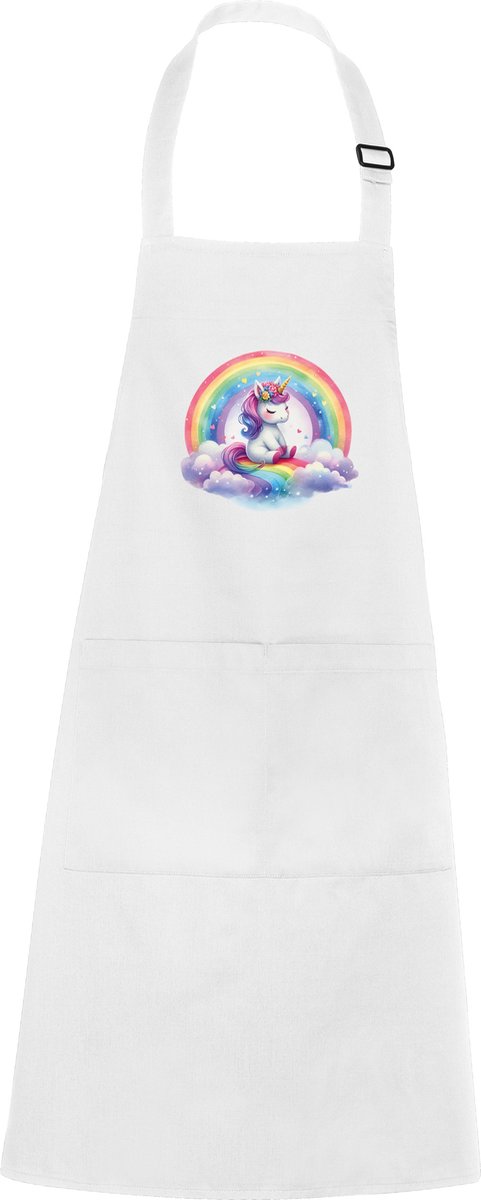 Wit Kinderschort met Zittende Eenhoorn Regenboog en Wolken