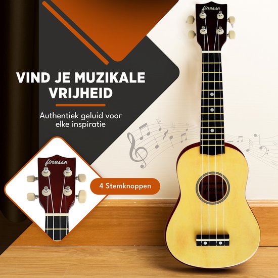 Close-up van de kop van een naturel Finesse ukulele met stemknoppen. "Vind je muzikale vrijheid".