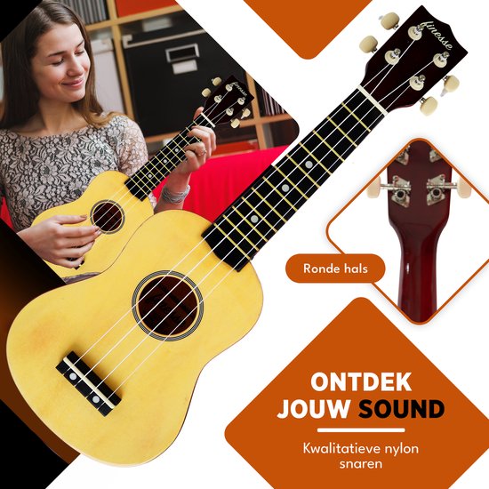 Twee vrouwen spelen op naturel Finesse ukuleles. "Ontdek jouw sound".