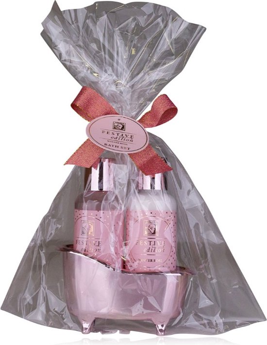 Festive Edition - Bath Set Winter Rose | Geschenkset | 2 Producten in 1 Cadeau | Badset in een roze badkuip | Incl. 100ml douchegel, 100ml bodylotion | Parabenenvrij | Vegan Friendly |