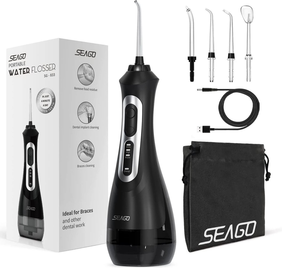 Bol.com Ariqo Waterflosser - Monddouche - Tanden Reinigen - Water Flosser Draadloos - USB Oplaadbaar - 3 Modus - Zwart aanbieding