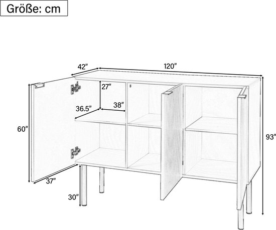 Sweiko Modern dressoir met robuust MDF, verstelbare planken en metalen poten, geschikt voor eetkamer, woonkamer en keuken, wit