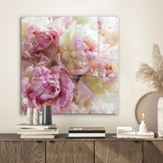 MuchoWow® Tableau en verre 50x50 cm - Tableau en verre acrylique - Vintage - Fleurs - Roses - Nature - Photo sur verre - Décoration murale salon - Décoration murale chambre - Tableaux