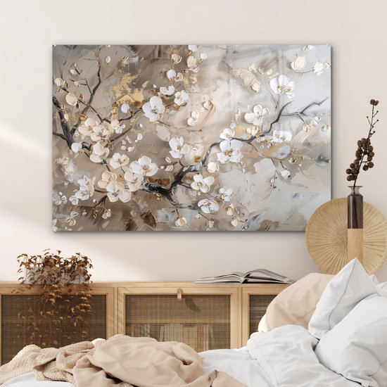 MuchoWow® Tableau sur verre 120x80 cm - Tableau sur verre acrylique - Fleurs - Wit - Or - Beige - Luxe - Photo sur verre - Décoration murale salon - Décoration murale chambre - Peintures
