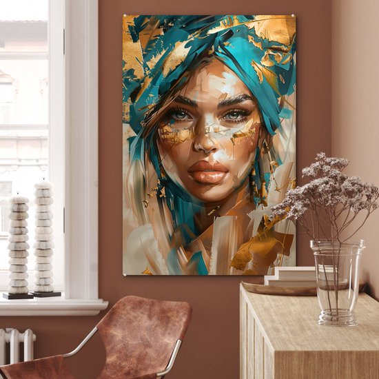 MuchoWow® Peinture sur verre 80x120 cm - Peinture sur verre acrylique - Femme - Portrait - Or - Luxe - Blauw - Photo sur verre - Décoration murale salon - Décoration murale chambre - Peintures
